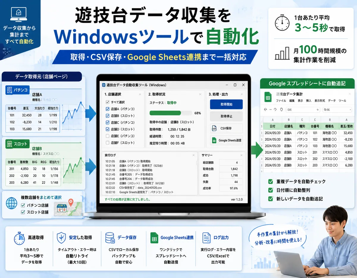 遊技台データ自動収集・Sheets連携ツールの紹介ビジュアル
