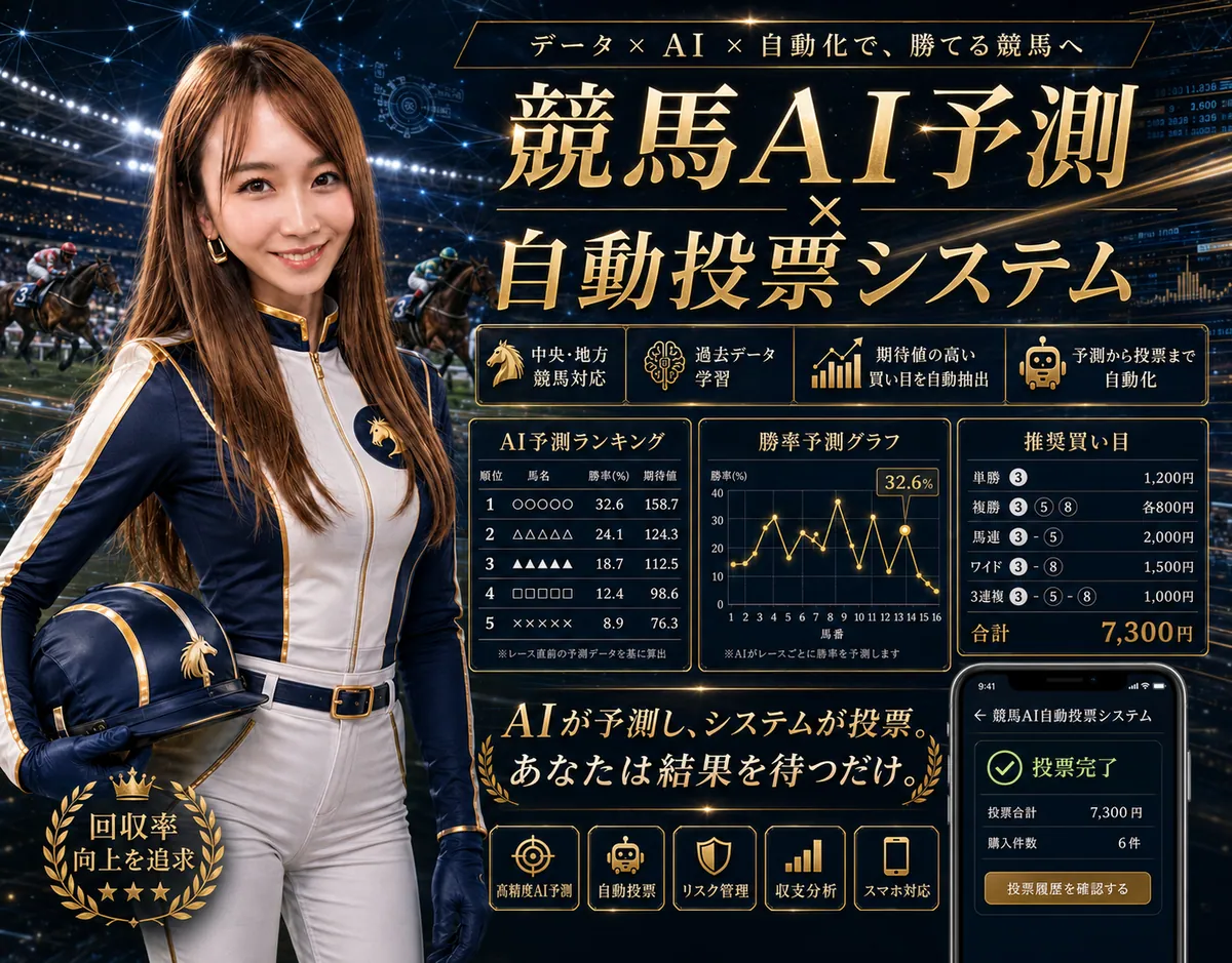 中央・地方競馬対応 AI予測・自動投票アプリの紹介ビジュアル