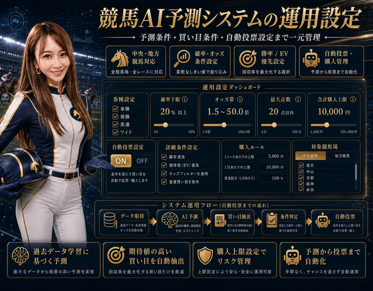 中央・地方競馬対応 AI予測・自動投票アプリの解説ビジュアル 2