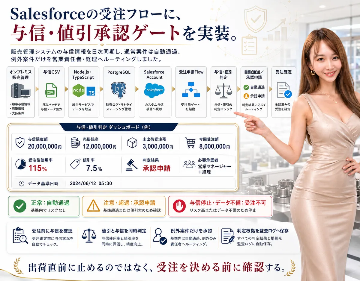 専門商社向け Salesforce与信・値引承認システムの紹介ビジュアル